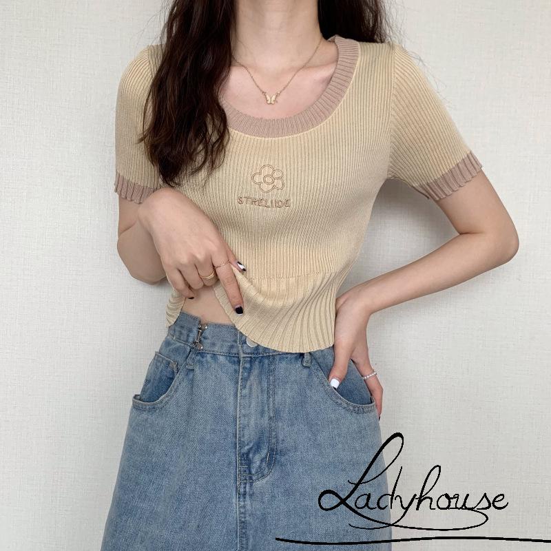 Áo Croptop Dệt Kim Tay Ngắn Cổ Tròn Thêu Họa Tiết Hoa Và Chữ Thời Trang Cho Nữ