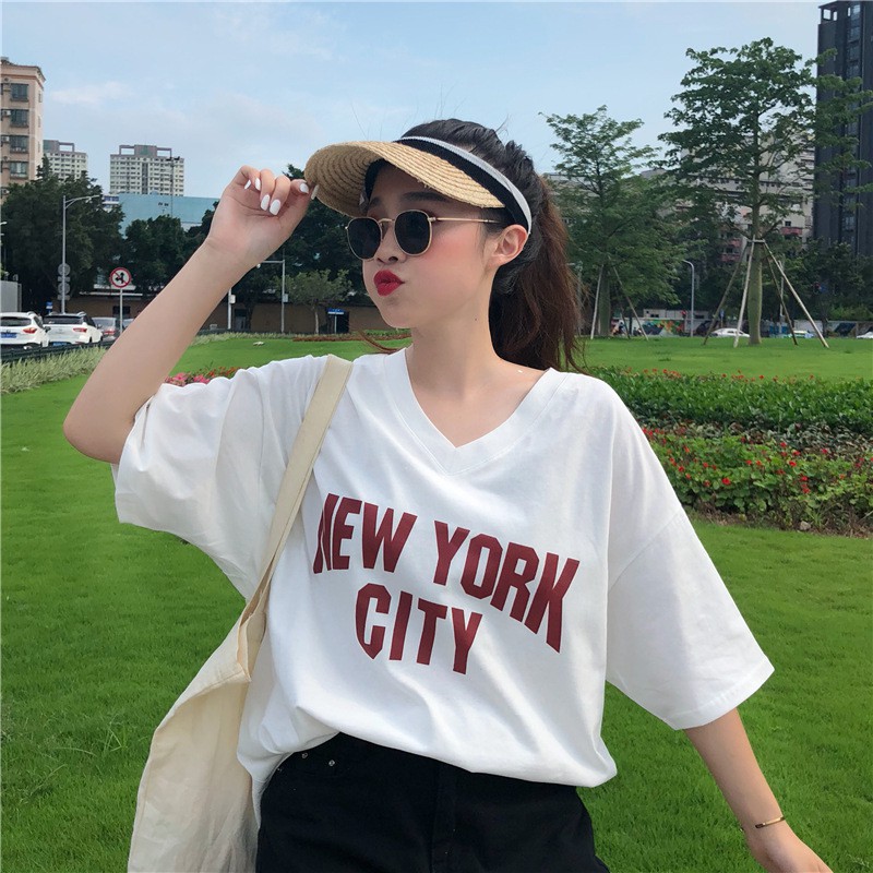 Áo Thun Cotton Tay Lỡ New York City Trắng Phong Cách Điệu Đà