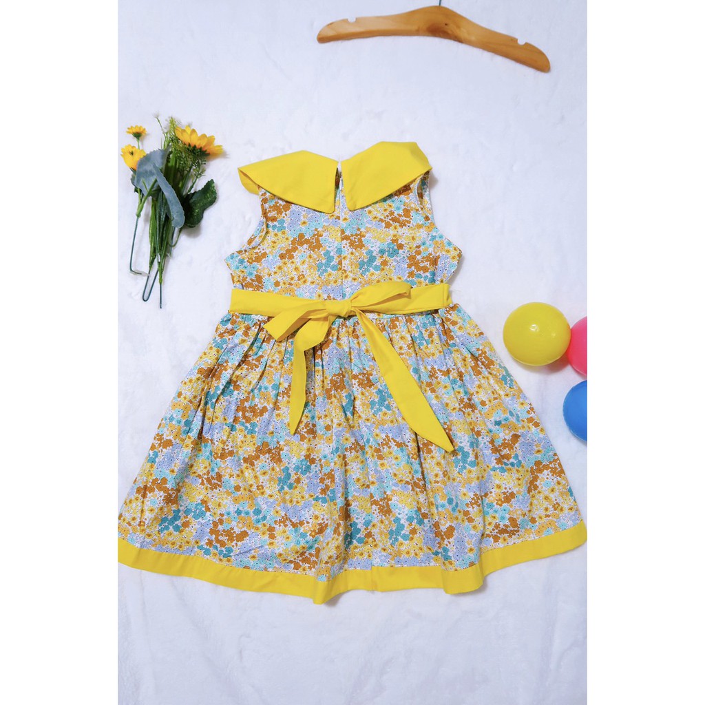 Váy đầm cho bé gái thô hoa tím cổ sen giọt nước 100% cotton, Thời trang thiết kế cho bé