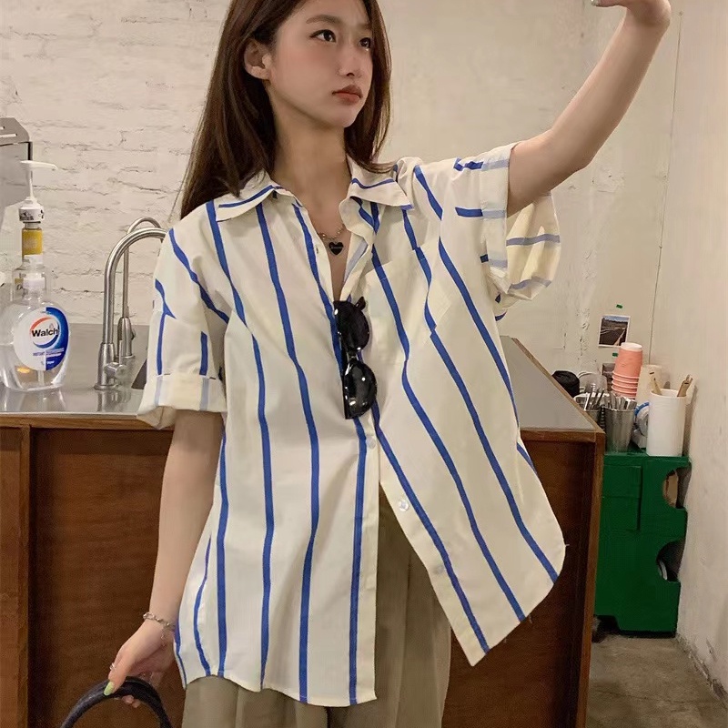 Áo sơ mi SUXI tay ngắn dáng rộng họa tiết kẻ sọc phong cách vintage thời trang mùa hè dành cho nữ