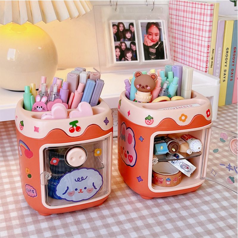 Kệ đựng bút, trang sức để bàn tủ văn phòng ngăn trong suốt hình Mũi Heo ngộ nghĩnh kèm sticker decor hộp đựng cute