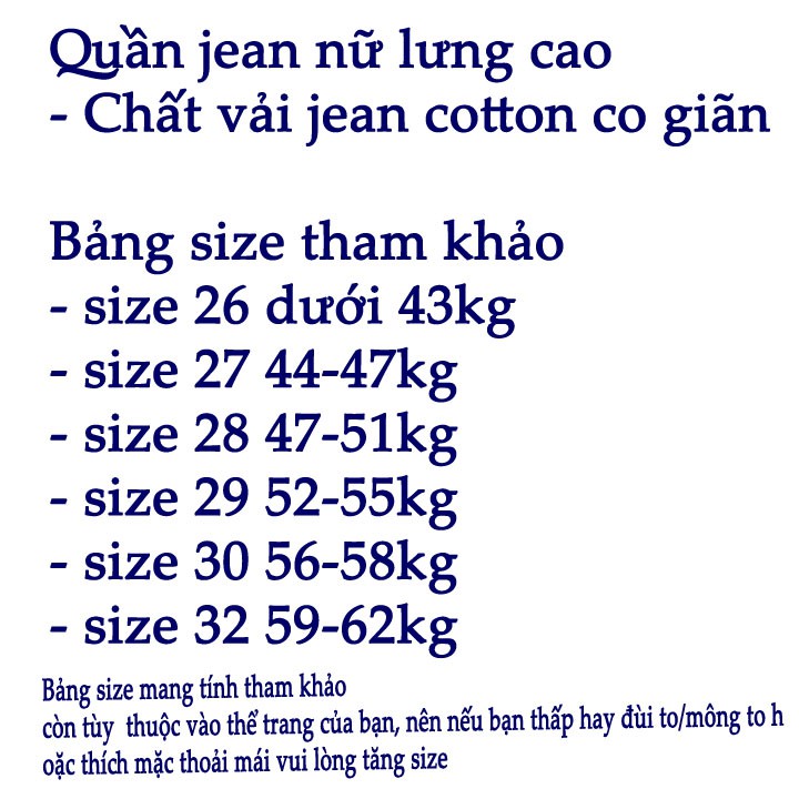 Quần jeans nữ lưng cao chất jean cotton co giãn tốt form ôm Size từ 40kg đến 63kg