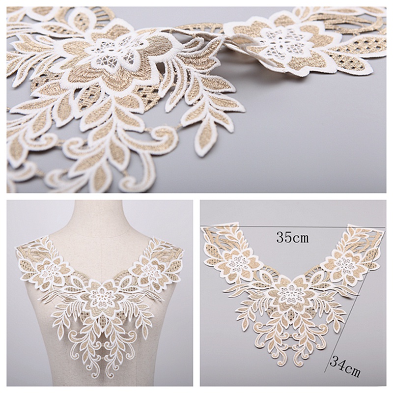 1 Miếng Vải Ren Hoa Màu Trắng / Vàng Dùng Thêu Cổ Áo DIY