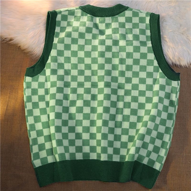 Áo len không tay dáng rộng họa tiết sọc caro thời trang Hàn quốc