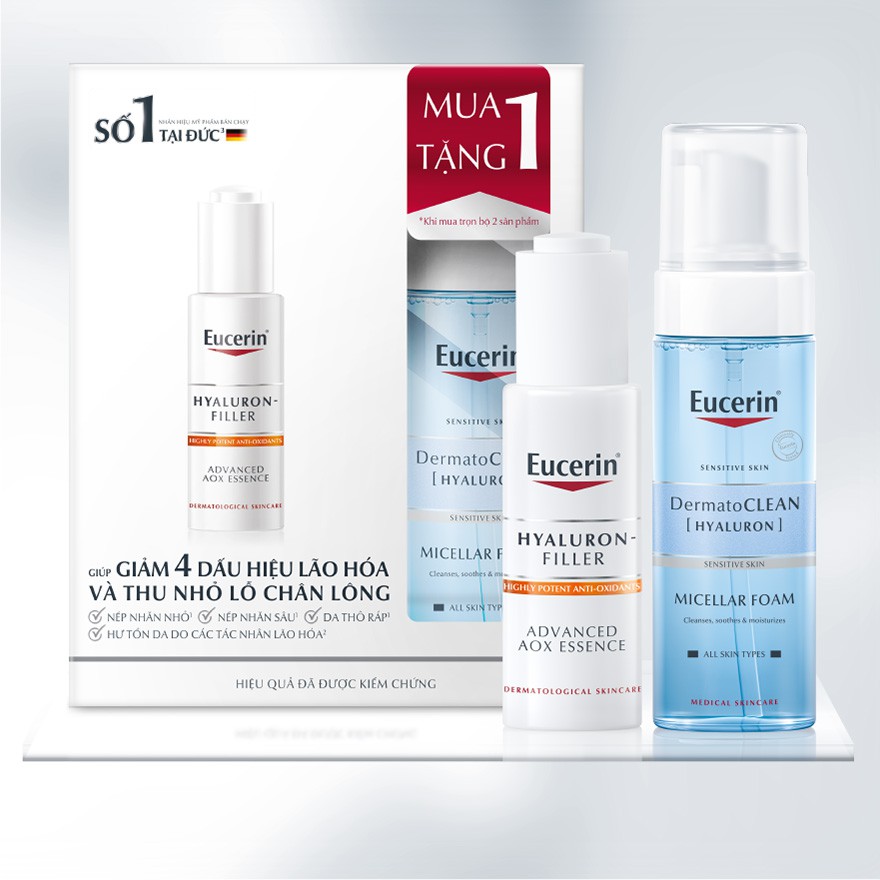 Tinh Chất Eucerin Hyaluron Filler AOX Cải Thiện Dấu Hiệu Lão Hóa 30ml+Tặng 1 Bọt Tẩy Trang DermatoClean 150ml