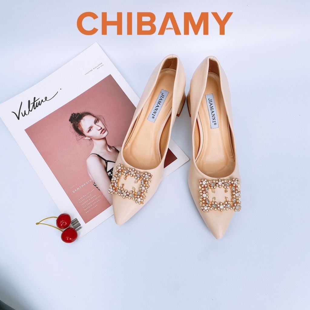 Giày cao gót nữ đính đá 5cm CHIBAMY, gót vuông mũi nhọn chất da mềm mã CG03