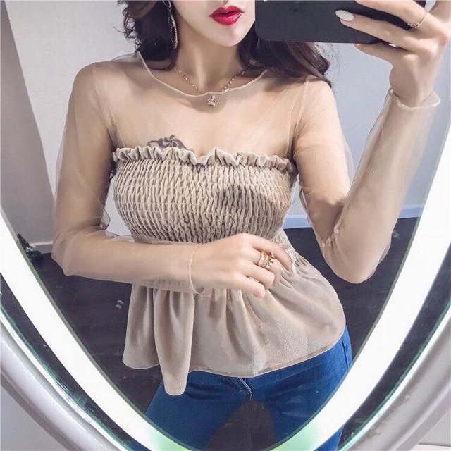 Áo nhúng tay lưới - vải nhung - kèm ảnh thật