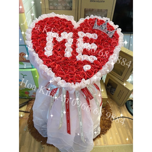 [Ảnh thật] Bó hoa tim Sáp 100bông ghi chữ tuỳ ý, phối Voan Hàn xịn, dài voan khi đứng 1.2met
