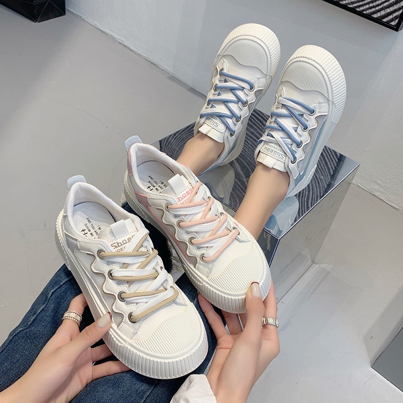 Jiashucheng Giày Thể Thao Trắng Phối Lưới Thoáng Khí Cột Dây Phong Cách Preppy Thời Trang Mùa Hè Cho Nữ