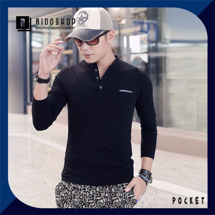 Áo thun nam cổ trụ tay dài túi giả hàn quốc mới RKL006