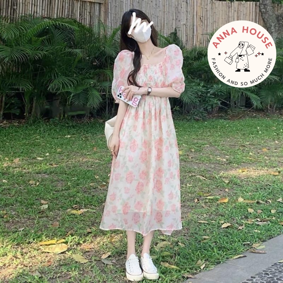 Đầm maxi hoa đi biển dáng xòe dài tay ngắn, váy hoa hồng dáng dài 2 lớp mặc 2 kiểu trễ vai, cổ vuông chun ngực dự tiệc