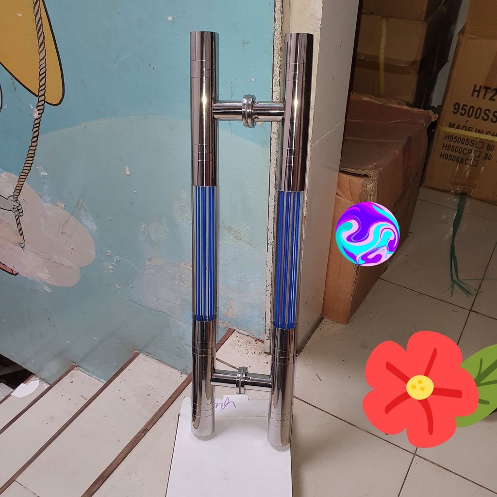 Tay nắm cửa kính cường lực INOX 304, Dài 60cm Tim lỗ 40cm, Phi 38mm, Phi 32mm 2 loại : INOX và Mica sọc xanh