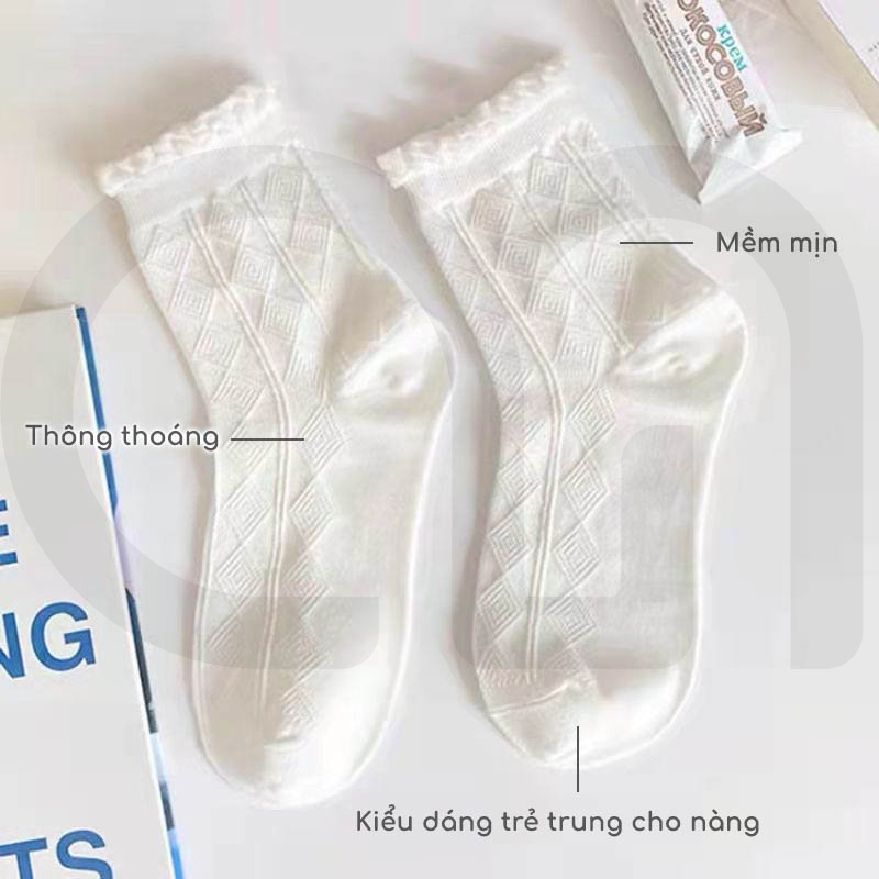 [Mã FAMARAL1 giảm 10K đơn 50K] Tất Vớ Cổ Cao Nữ Tone Màu Trắng Cotton Co Giãn Đẹp Vải Cotton