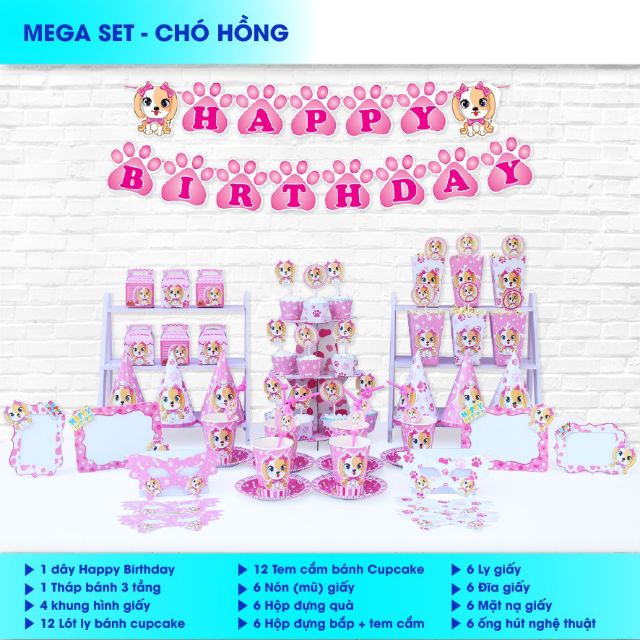 Set MEGA trang trí sinh nhật chủ đề Chó hồng, cún hồng