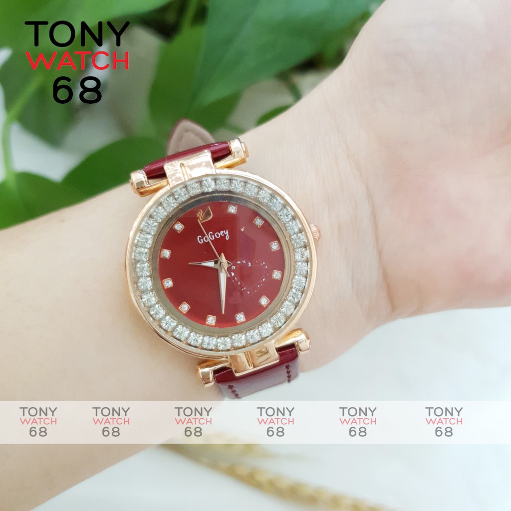 Đồng hồ nữ Gogoey đẹp dây da đỏ mặt ngọc thiên nga chống nước chính hãng Tony Watch 68