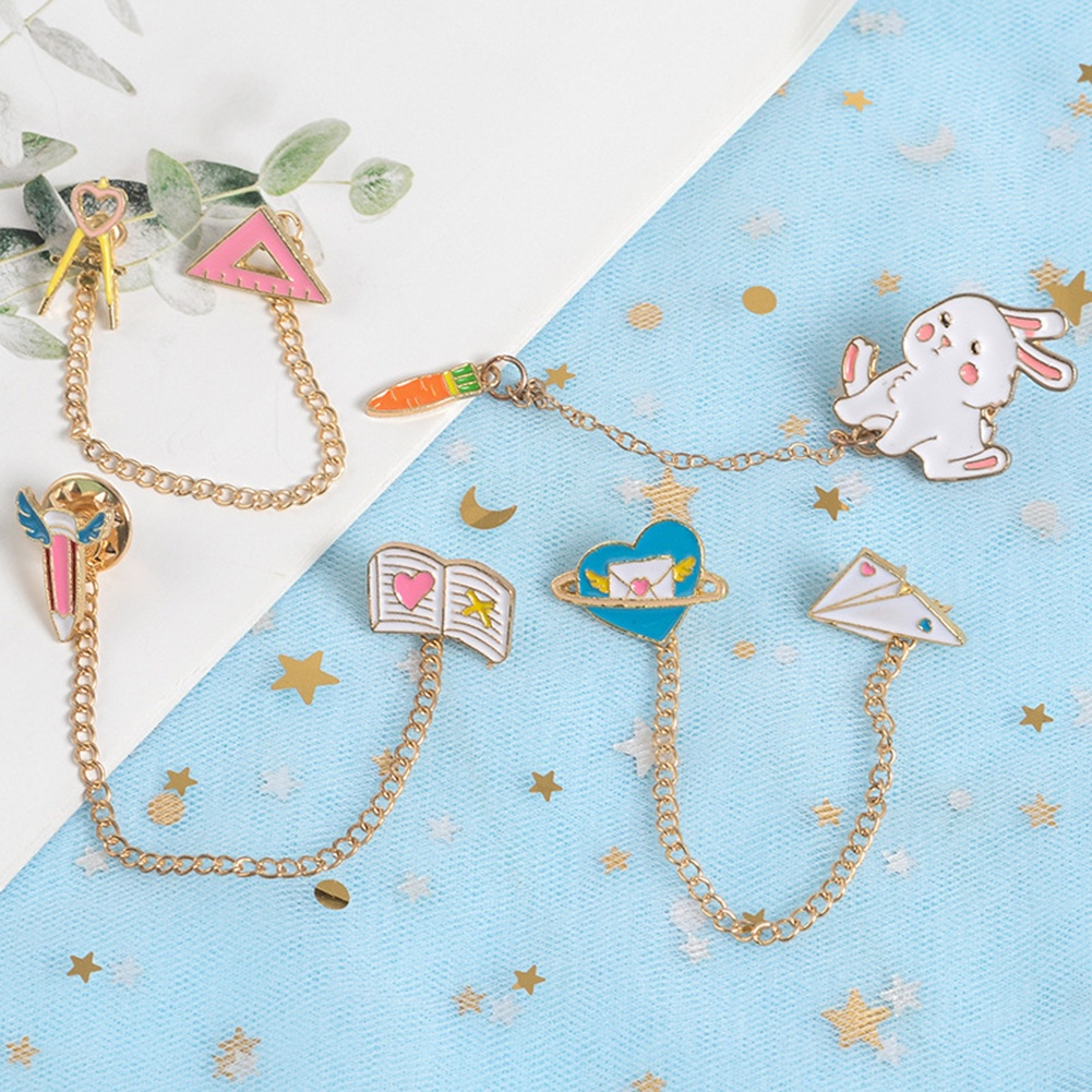 YOML✔Women Cute Rabbit Carrot Heart Book Ruler Denim Jacket Collar Chain Brooch Pin
