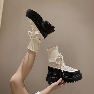 Boot nữ cao cổ phối cổ chun dây buộc đế răng cưa cực chất| N12