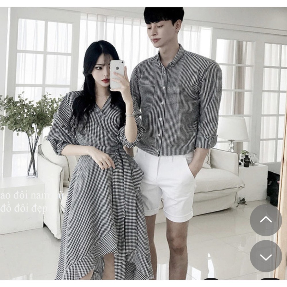 Áo váy đôi nam nữ [FREESHIP] Set Váy nữ sơ mi nam đôi Hàn Quốc Couple AV28