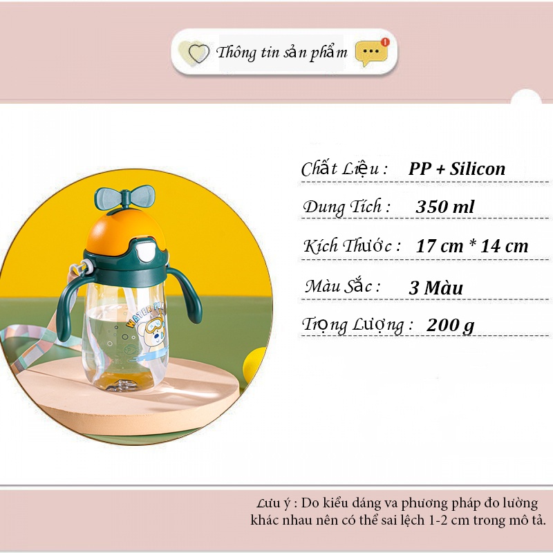 Bình uống nước có ống hút cho bé dung tích 350ml bình nước cho bé đi học siêu cute B16
