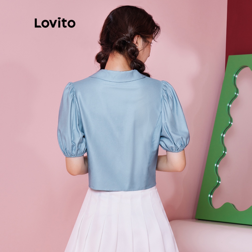 Áo cánh (Lovito Exclusive) DOPAMINE GIRLS Đơn giản Kont Polo Collar Puff Sleeve Preppy L28AE046 (Xanh lam nhạt)