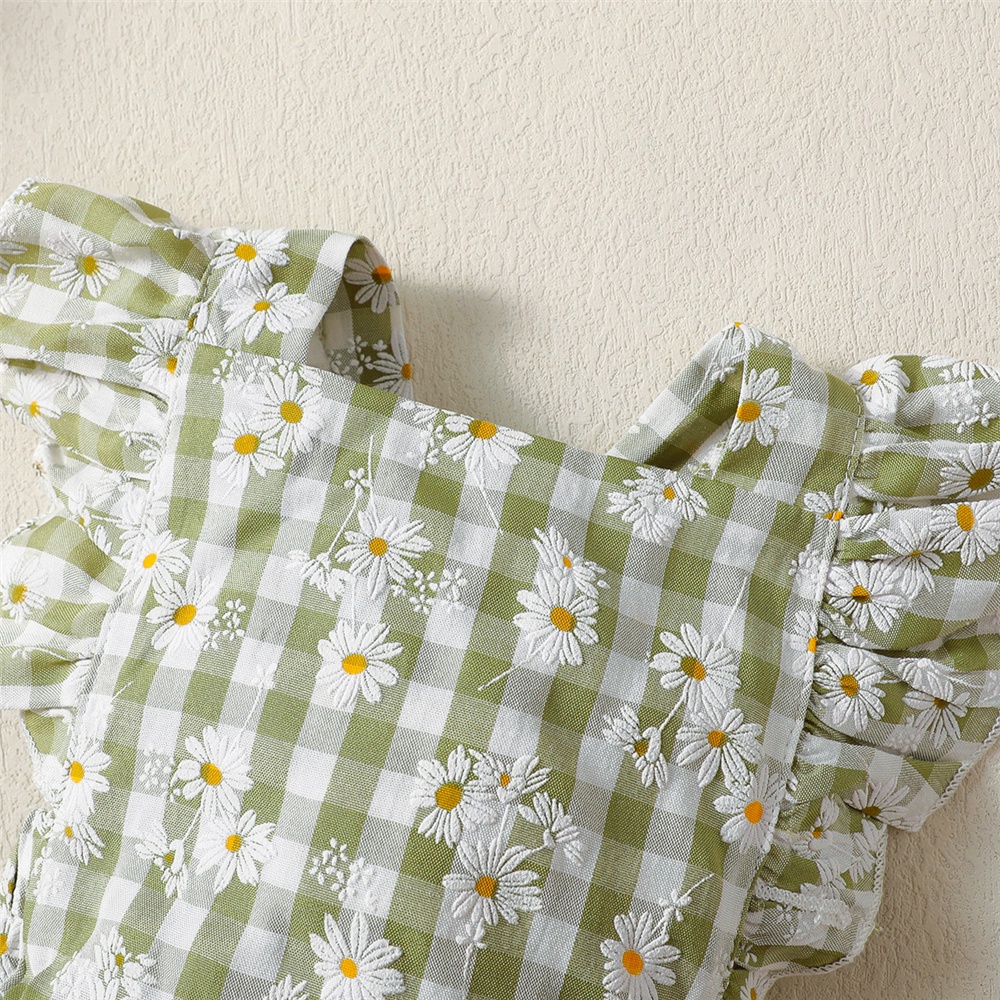 Áo liền quần MIKRDOO tay cánh tiên in họa tiết caro kèm băng đô cài tóc xinh xắn cho bé gái 0-18 tháng tuổi