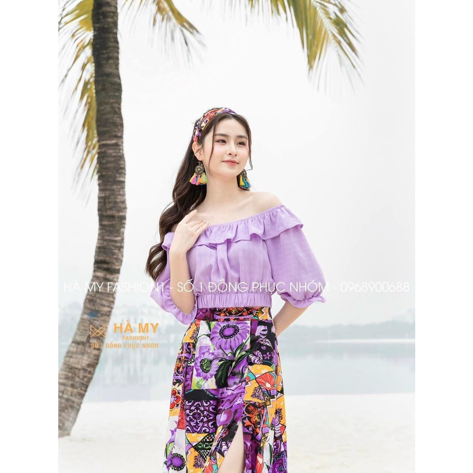 Sét áo trễ vai chân váy mặc đi biển_sét đi biển_sét đồng phục đi biển nữ