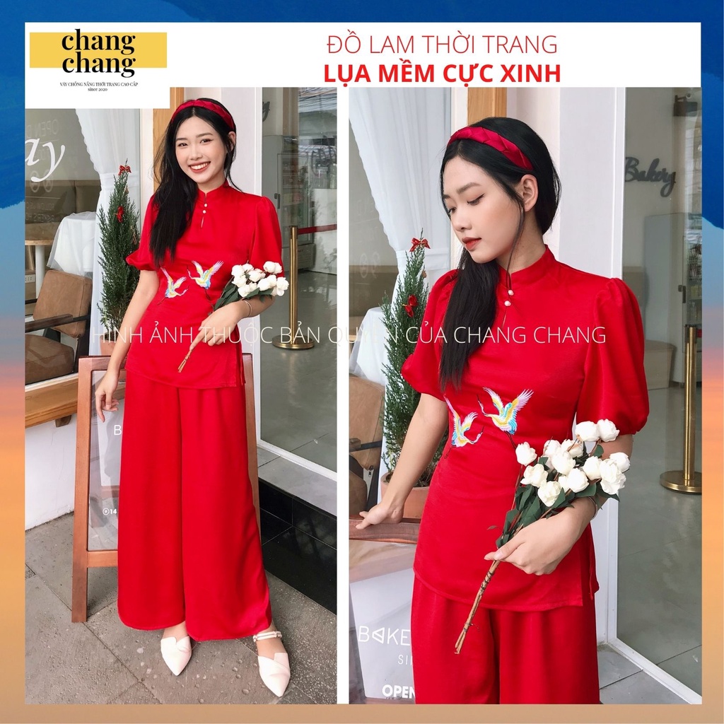 Đồ Lam Nữ Đi Chùa,  Bộ Đi Chùa Nữ Thêu Hạc Sắc Nét Vải Lụa Cao Cấp Kín Đáo Thanh Lịch - Màu Đỏ | Chang Chang