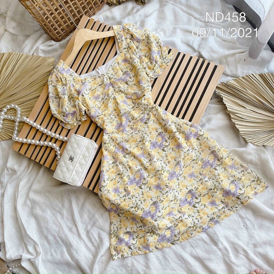 Đầm váy nữ hoa nhí nhảnh hợp đi công viên thiết kế cổ vuông phối ống tay phồng cực kì dễ thương