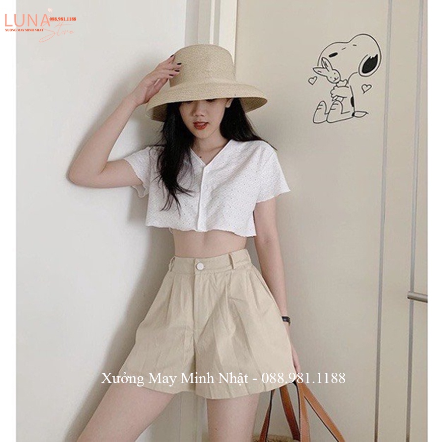 Quần đùi nữ lưng chun thun sau cúc khóa thật chất vải kaki thô dáng quần short nữ cạp lưng cao mặc ở nhà đi biển chơi hè