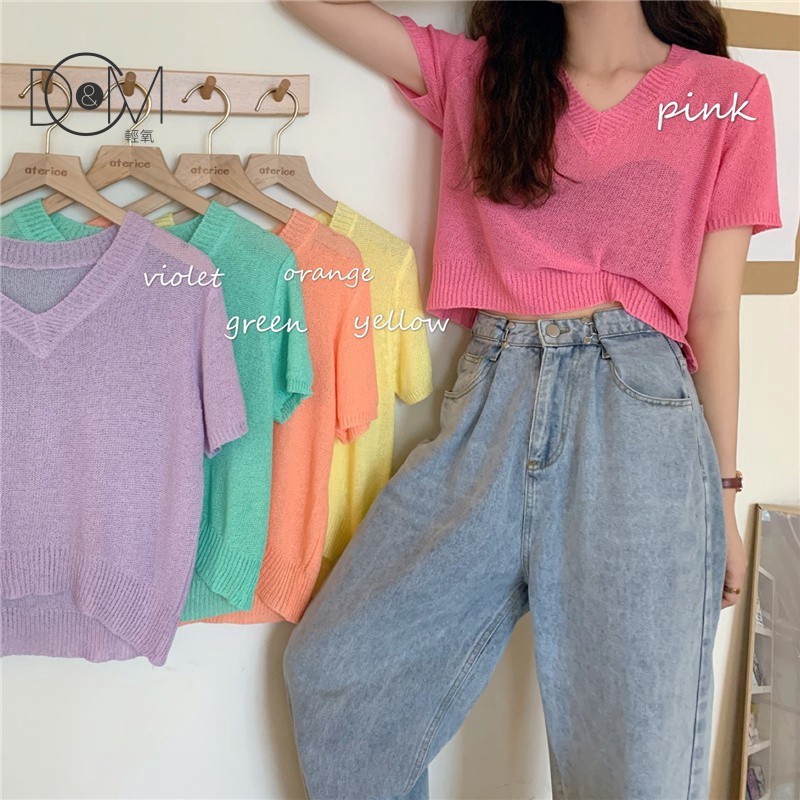 Áo Len Tay Ngắn Cổ Chữ V Màu Trơn Phong Cách Hàn Quốc | BigBuy360 - bigbuy360.vn