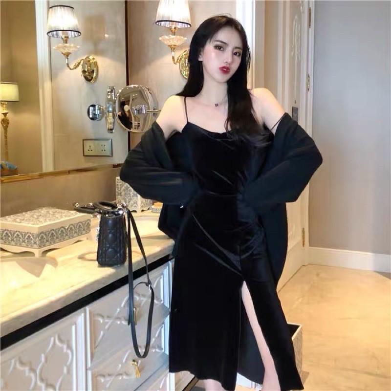 SẴN🖤Đầm dự tiệc 2 dây nhung cao cấp xẻ đùi cổ đổ sexy/Váy maxi ulzzang suông quyến rũ kiểu body dài big size