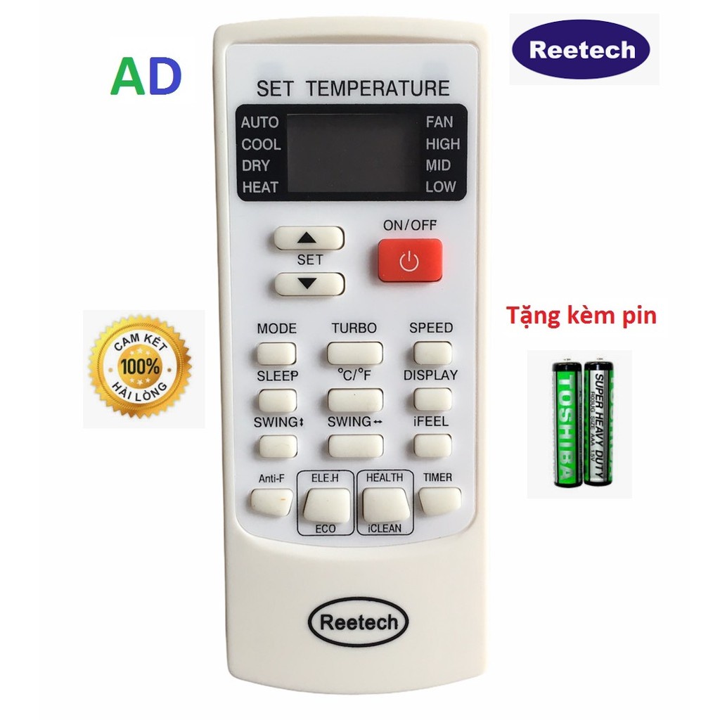 ĐIỀU KHIỂN MÁY LẠNH REETECH YNK-H/102E - TẶNG KÈM PIN - REMOTE ĐIỀU KHIỂN ĐIỀU HÒA REETECH MẶT TRẮNG 1 NÚT ĐỎ