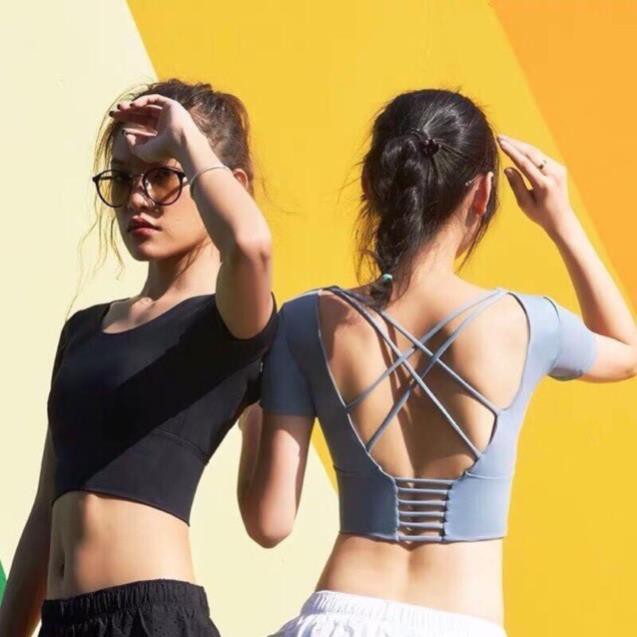 Aó Tập Gym Yoga Aó Cộc Tay Croptop Đan Lưng Hở Vai Dây Chéo Thun Mịn Phù Hợp Với Đi Du Lịch Aó Tập Thể Thao Đẹp * ཾ