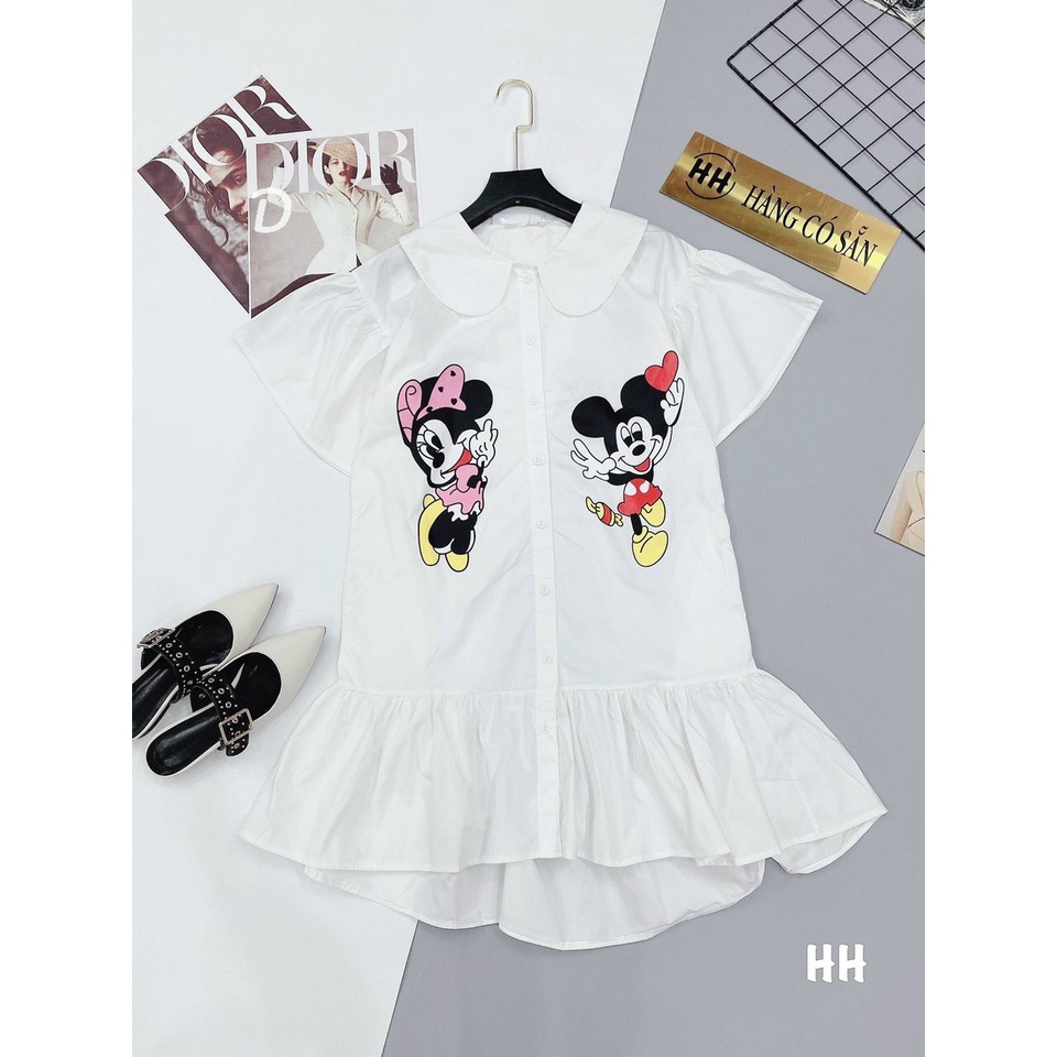 Gunkaymatter Đầm Váy Nữ Cổ Bèo Tay Phồng Trắng Tinh Khôi In Hình Mickey Mouse Phù Hợp Mọi Phong Cách
