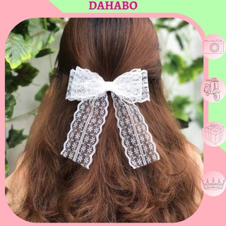 Kẹp Tóc Nơ Ren Xinh Xắn Thêu Hoa Trắng Phong Cách Hàn Quốc Dahabo KN04
