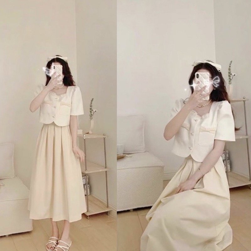 Set áo croptop tay ngắn cổ vuông với chân váy midi trắng