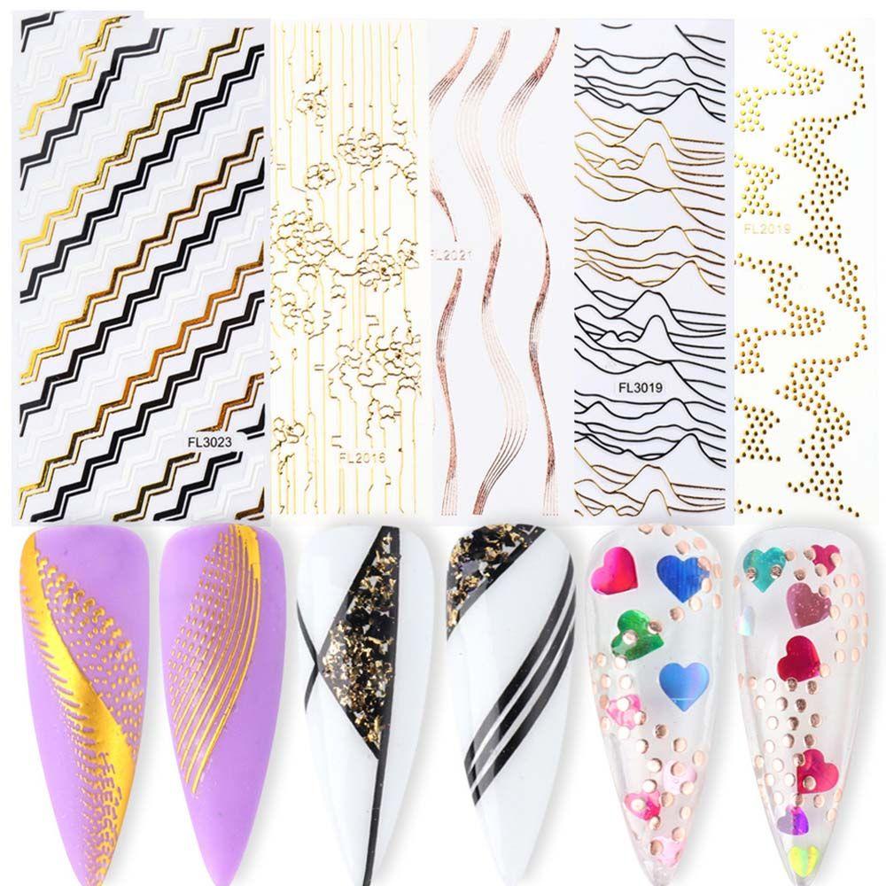 QQMALL Miếng Dán Trang Trí Móng Tay 5D Tự Dính Họa Tiết Kẻ Sọc Kiểu Pháp Cổ Điển