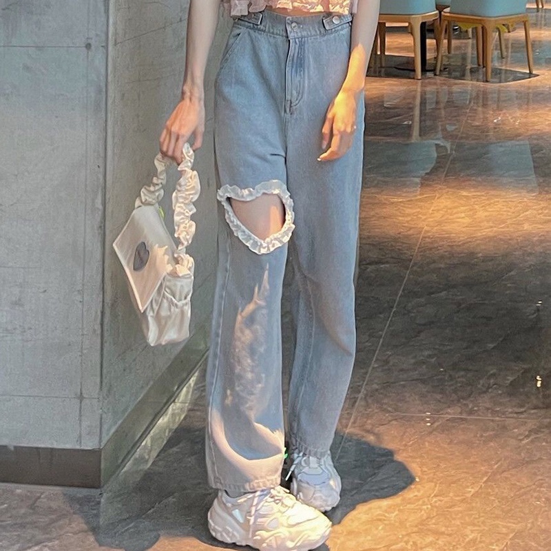 IELGY Quần jeans Rách Lưng Cao Ống Rộng Thời Trang Mùa Hè Cho Nữ