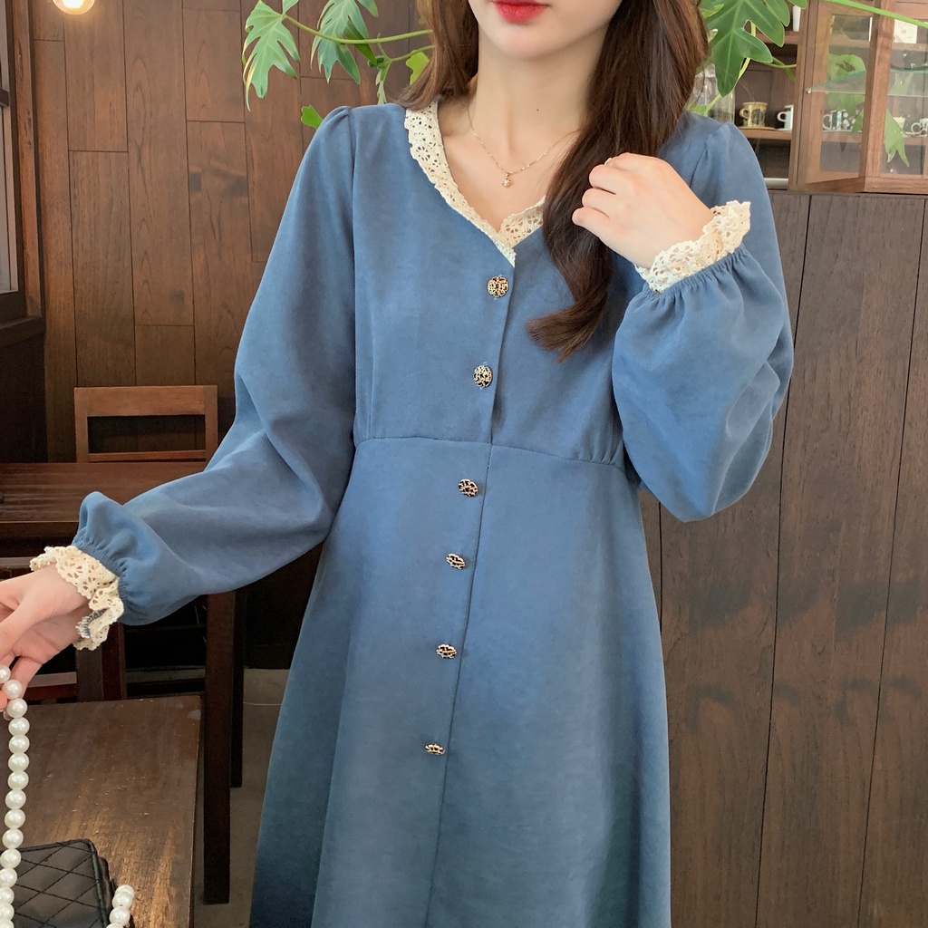 Đầm PERTY vải nhung cổ chữ V dáng rộng phong cách retro thời trang dành cho nữ