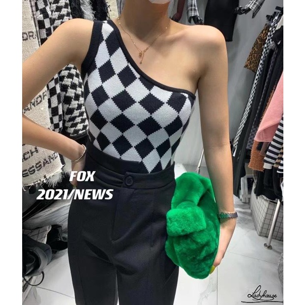 Áo Croptop Hai Dây Dệt Kim Hở Một Bên Vai Họa Tiết Kim Cương Cho Nữ