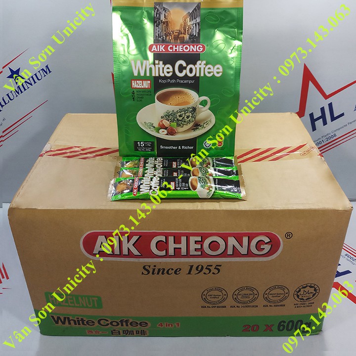 Thùng Cà phê trắng vị Hạt Phỉ (Hazelnut) Aik Cheong 20 bịch 600g (15 gói dài * 40g)