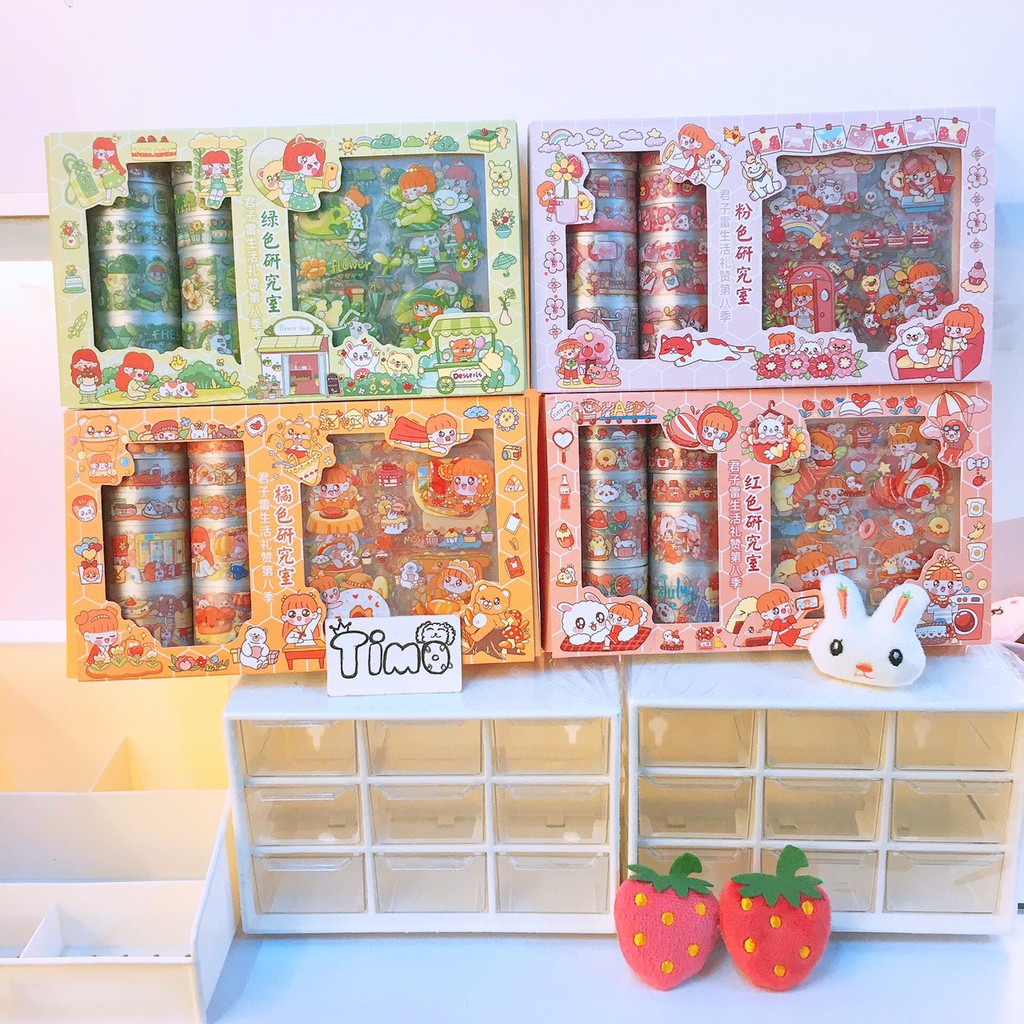 Sticker Cute Washi Tape Cô Bé Dễ Thương Set 10 Washi 10 Sticker Băng Dính Hình Dán Anime Bóng Trang Trí Sổ