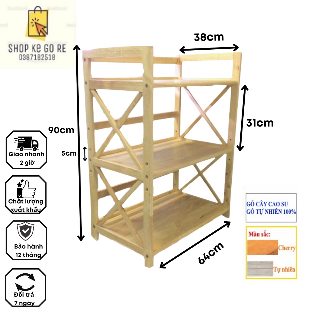 Kệ Lò Vi Sóng Gỗ Cao Su 3 Tầng 64cm