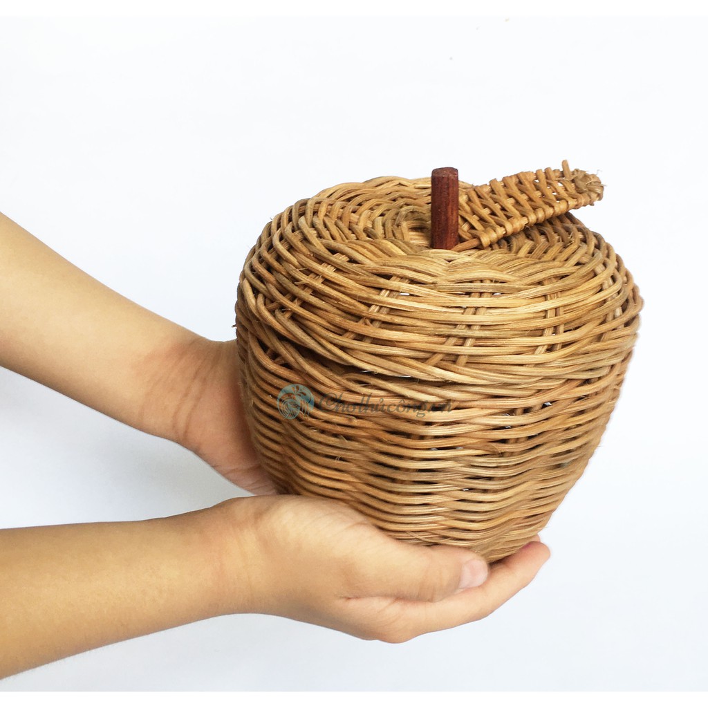 Giỏ đựng đồ hình quả táo nhỏ để bàn bằng mây tự nhiên trang trí, đồ chơi cho bé, phụ kiện chụp ảnh, decor