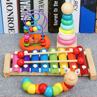 Combo 4 món đồ chơi cho trẻ đồ chơi gỗ cho bé ( Đàn,Sâu gỗ,tháp 7 màu,luồn hạt mini)