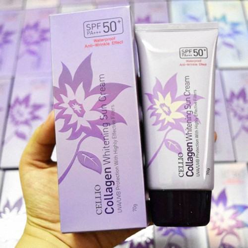 Kem chống nắng Cellio Collagen Whitening Sun Cream SPF50+ PA+++ Hàn Quốc 70ml (Tím)