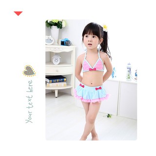 Đồ bơi bikini cho bé nơ xanh hồng kèm mũ