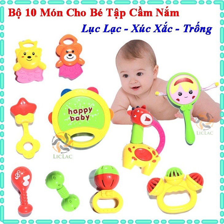 Bộ Đồ Chơi Lục Lạc, Trống Lắc, Xúc Xắc (10 món) Phát Âm Thanh Vui Nhộn - Đồ Chơi Nhiều Màu Sắc, Hình Dạng Cho Bé Cầm Nắm