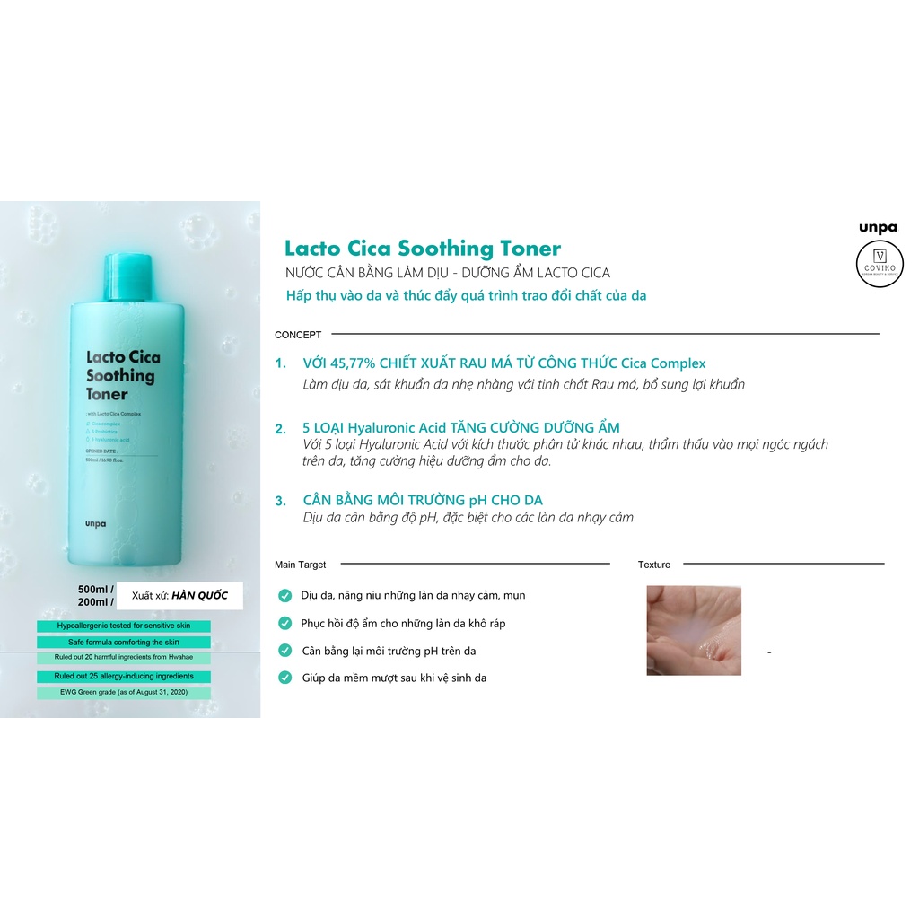 Nước Hoa Hồng Làm Dịu Và Cải Thiện Da Mụn Unpa Lacto Cica Soothing Toner 200ml