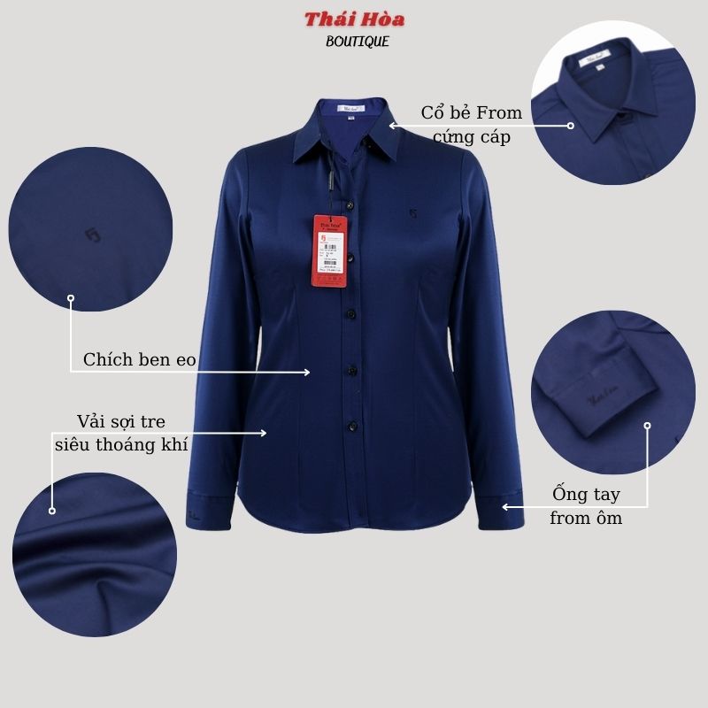 Áo sơ mi nữ cao cấp công sở kiểu dài tay vải sợi tre màu xanh than Thái Hoà 8919-09-01